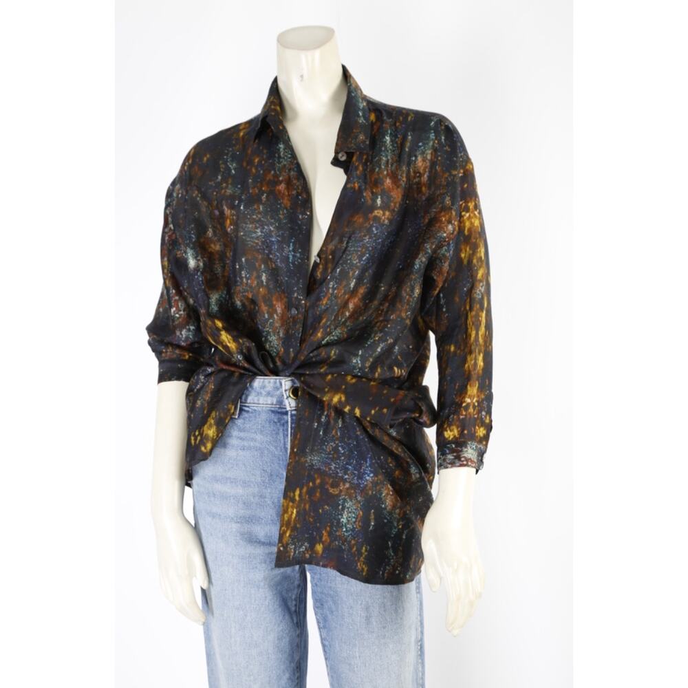 Yavi Button Down Silk Blouse Abstract Painted Designer Top Luxury Size S - Picture 9 of 11